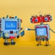 Chat bot robot welcomes android robotic character. Creative design toys on yellow background